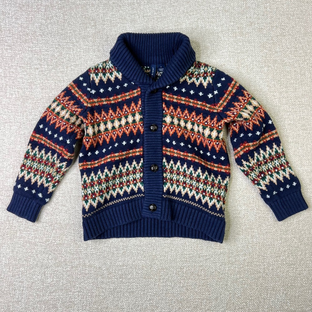 Janie and Jack Boys Navy Blue Fair Isle The Library Cardigan Sweater Size 3